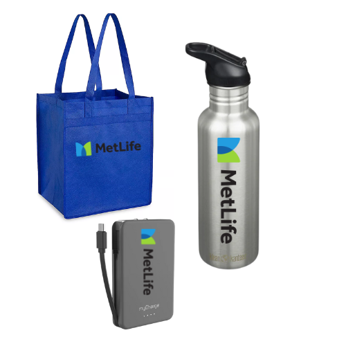 Branded Bag, Water Bottle, and Portable Charger provided by Metlife